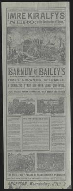 Handbill: The Barnum and Bailey Greatest Show on Earth for Anderson, Ind. July 9, 1890 (verso)